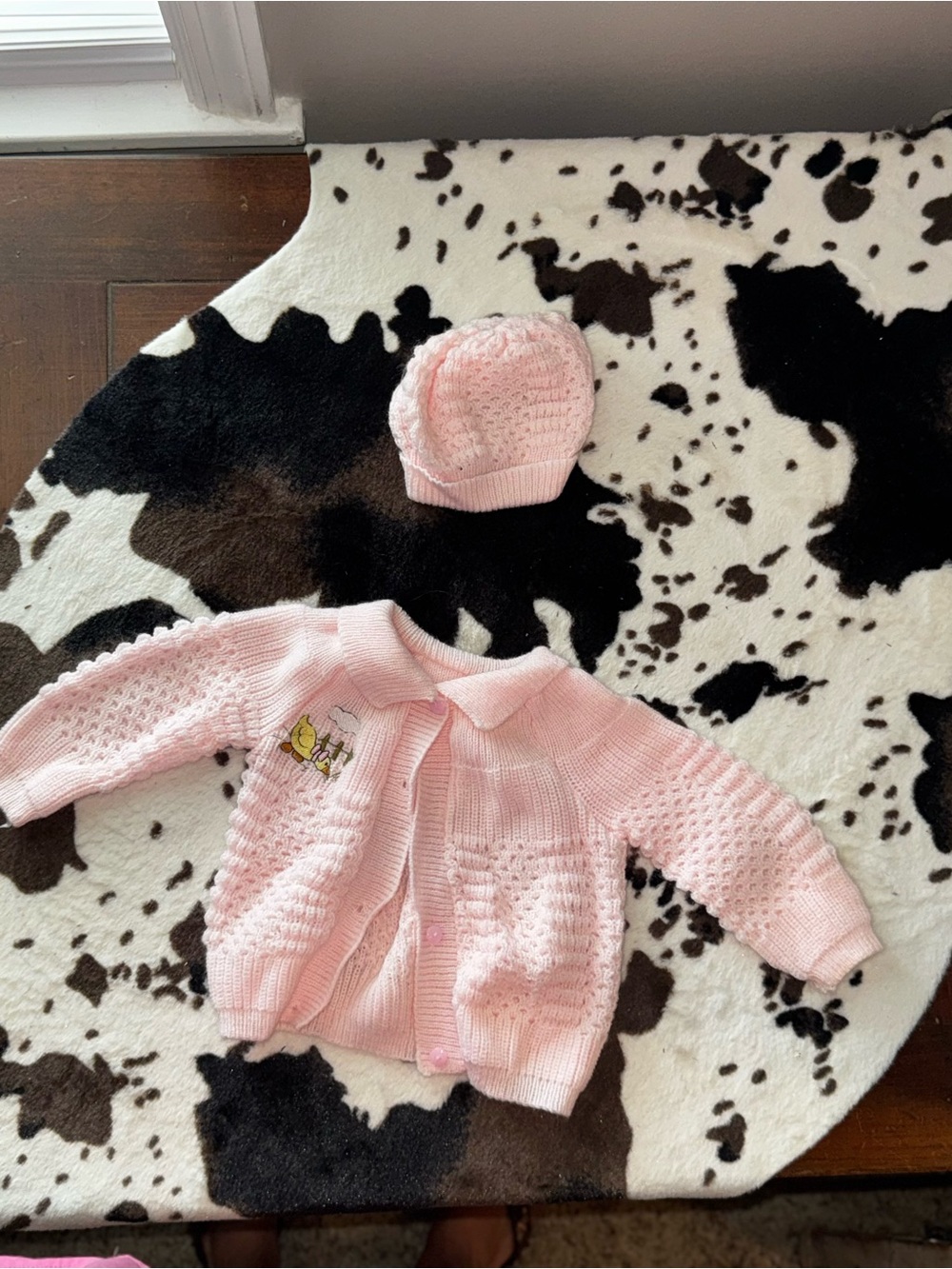 Hand-Knit embroidered Baby Cardigan & Hat Set - Light Pink